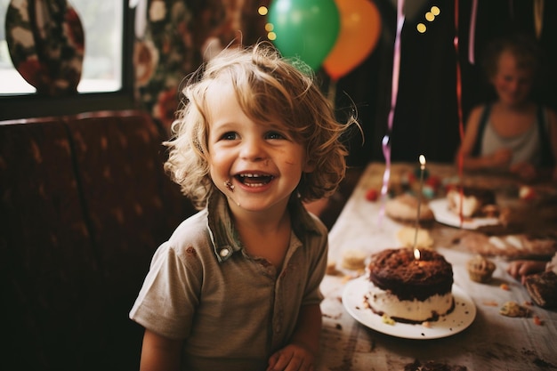 ブロンドの髪の小さな男の子が誕生日ケーキを見て微笑んでいます。