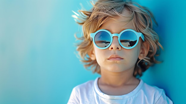 Little boy with bluerimmed sunglasses on pastel blue background