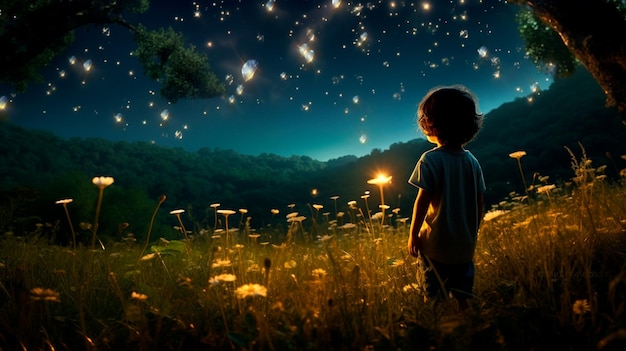 little boy with burning candle in the forest