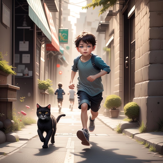 고양이와 가방을 들고 도시를 걷고 있는 어린 소년도시를 걷고 있는 귀여운 소년검은 드레를 입은 어린 소년