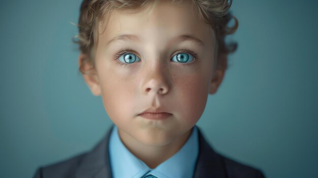 Foto ragazzino con i capelli biondi ricci e gli occhi blu che indossa un abito e una cravatta che guarda la telecamera con un'espressione seria sul viso