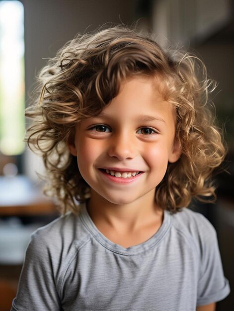 Photo a little boy with curly hair and a gray shirt