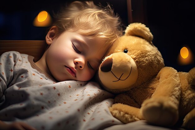 A little boy with a dreamy smile sleeps hugging a toy bear in a dark room illuminated by a cozy light