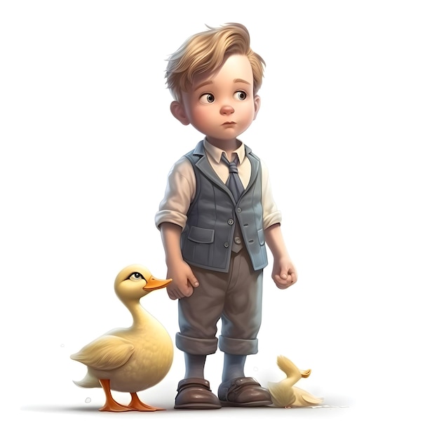 Little boy with a duck on a white background 3d rendering