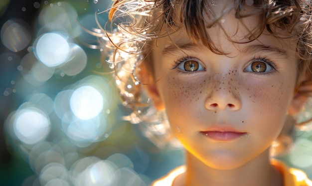 斑点のある小さな男の子がカメラを見ている