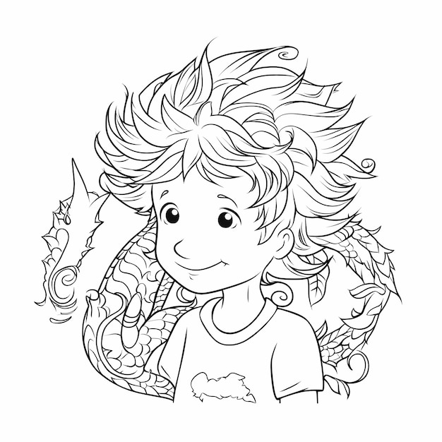 a little boy with frizzy hairs and his dragon style coloring for kids