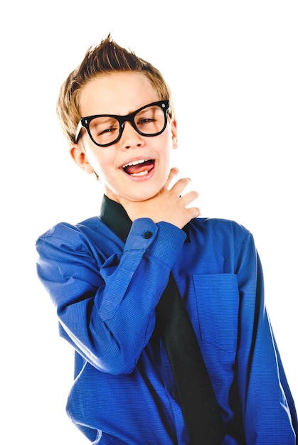 Little boy with glasses isolated on a white background