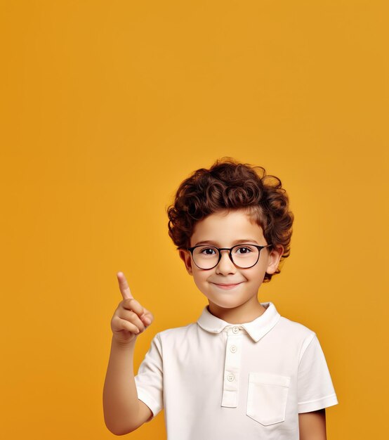 Little boy with glasses pointing upwards with minimalist orange background and copy space