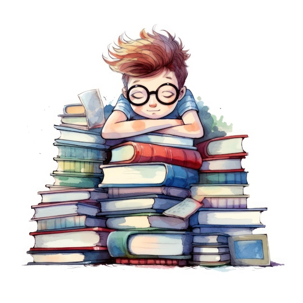 the little boy with the glasses sleeping on the pile of books