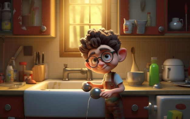 Little Boy With Glasses Standing at Sink