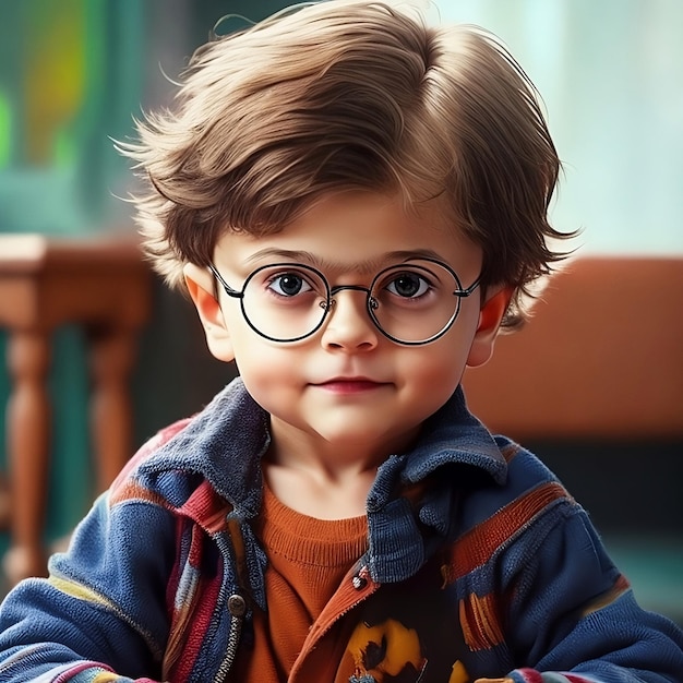 A little boy with glasses that say " the word " on it "