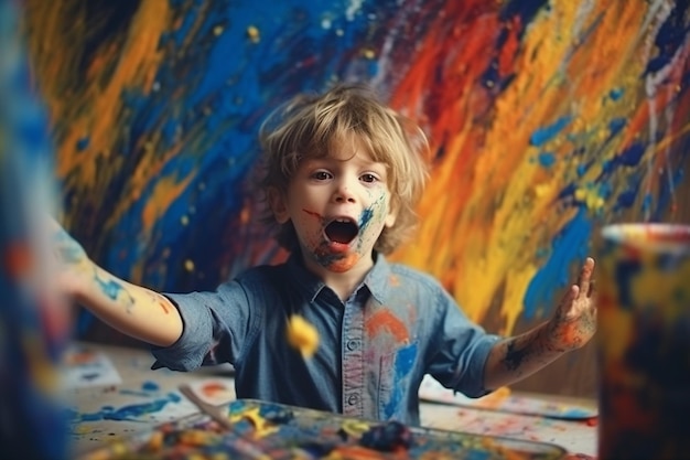 little boy with hands full of paint