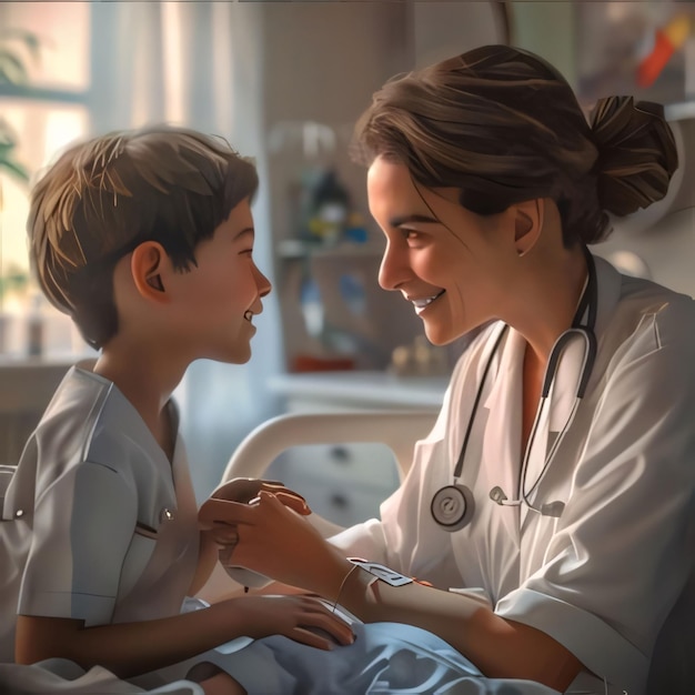 医師の診療所で母親と一緒にいる小さな男の子 医学と医療コンセプト