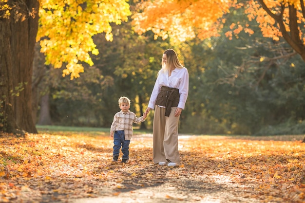 Little boy with his young mother in the autumn orest Active family time on nature