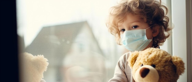 a little boy with a mask on his face and a house in the background