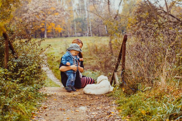 The little boy with mom found a cute dog in the fall park