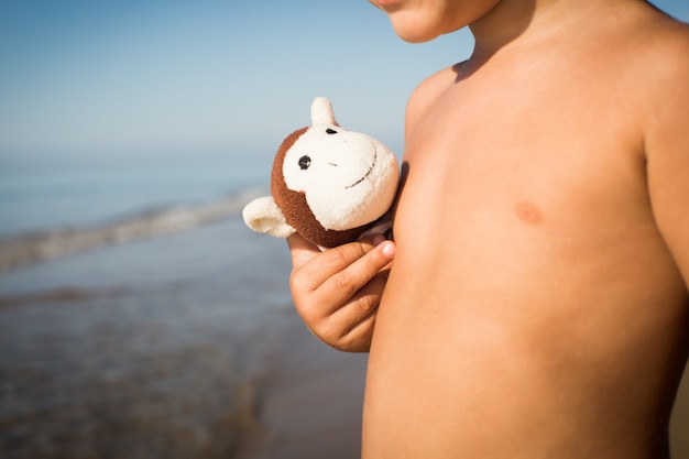 Little boy with monkey toy 