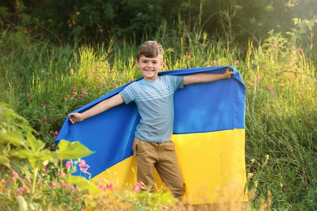 Little boy with national flag of Ukraine in field