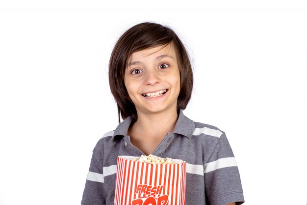 Little boy with popcorn.