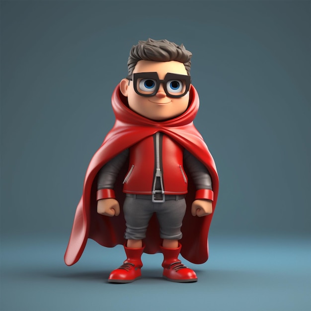 a little boy with a red cape and glasses stands in front of a grey background