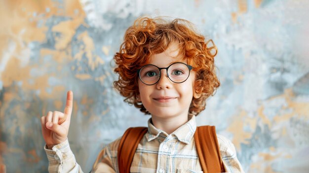 Маленький мальчик с рыжими волосами в очках с рюкзаком и книгами, стоящими против серой стены.