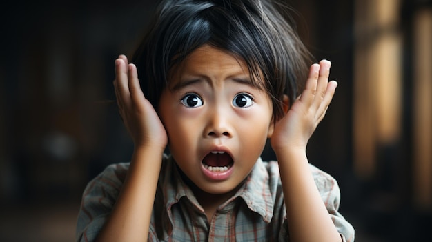 Little boy with shocked scared face in bad day