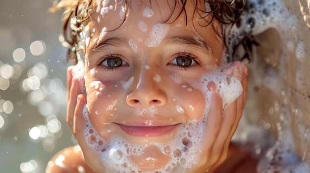 Little boy with soap foam on his face