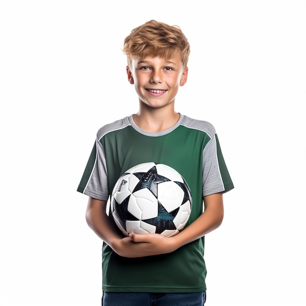 little boy with a soccer ball on a white background