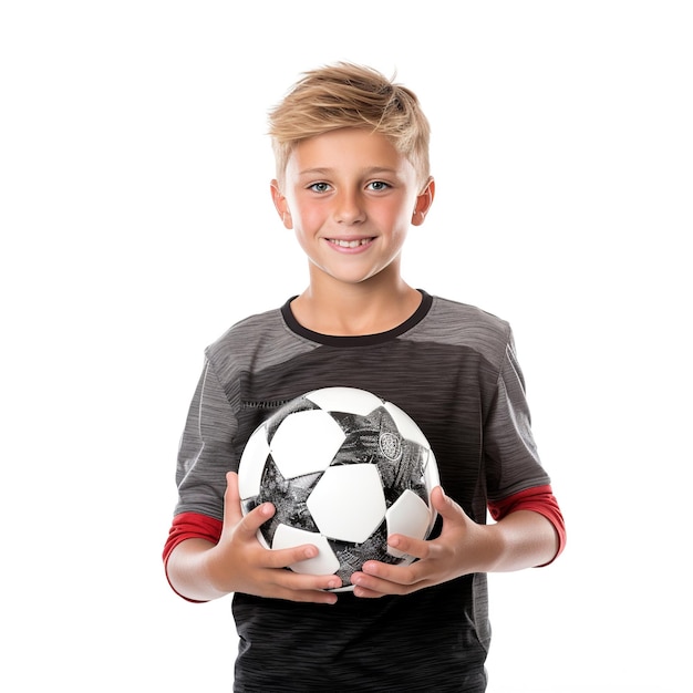 little boy with a soccer ball on a white background