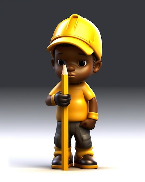 A little boy with a yellow helmet and yellow helmet holds a pencil in his hand.