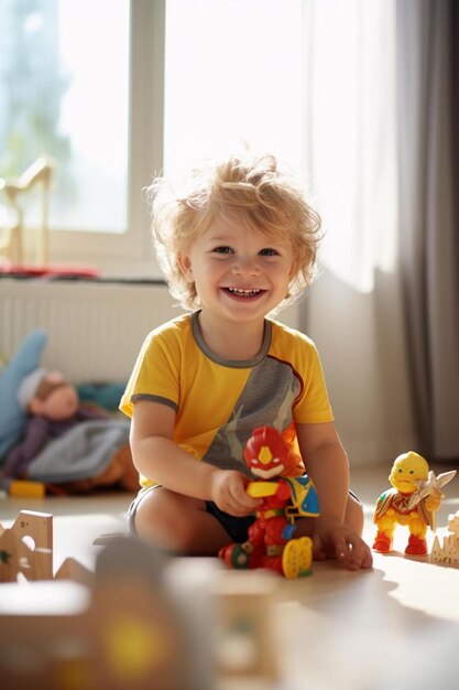 Photo a little boy with a yellow shirt that says superman on it