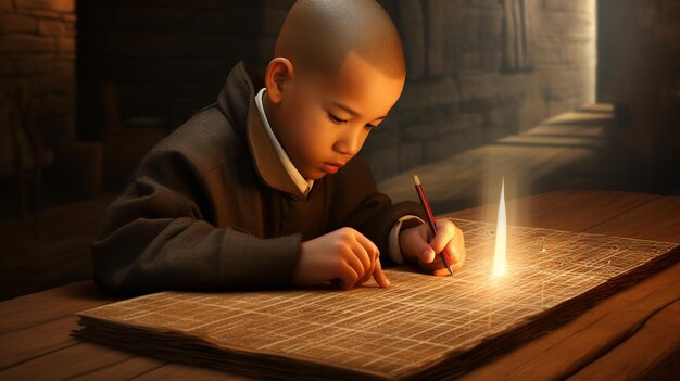 little boy writing HD 8K wallpaper Stock Photographic Image