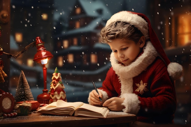 A little boy writing a letter to Santa Claus Christmas wishes at cozy home interior