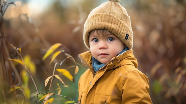 黄色いジャケットと茶色の帽子をかぶった小さな少年が高い草の畑に立って少年は面白い表情でカメラを見ている