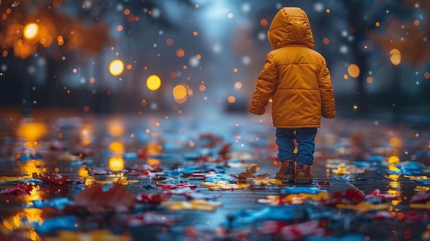 Little boy in a yellow jacket stands on the street and looks at the falling autumn leaves