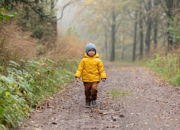 Little boy in yellow jacket stay in forest alone