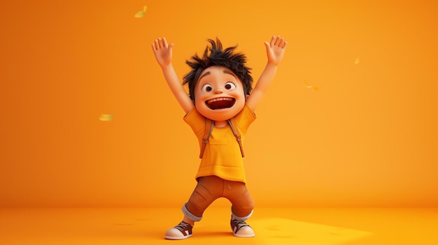 Little boy in yellow shirt and brown pants jumping with joy He has a big smile on his face and his arms are raised in the air