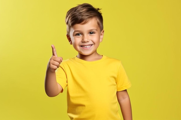 a little boy in a yellow t shirt giving a thumbs up