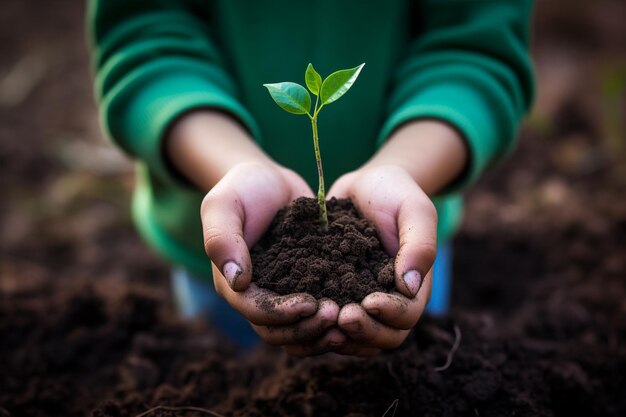 Little boys hand holding a green sapling background of people planting saplings on earth day