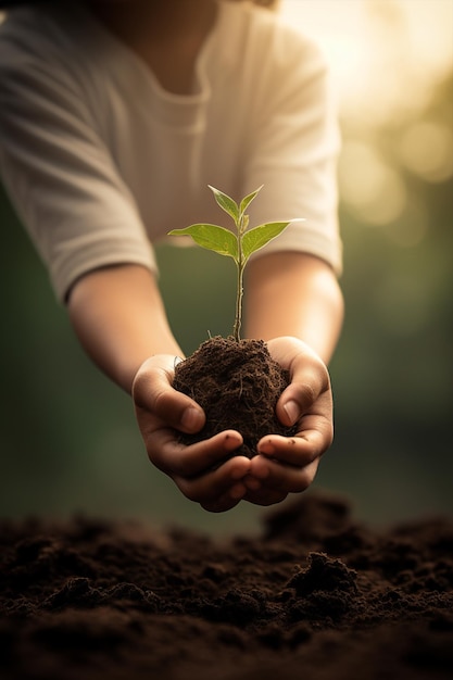 Little boys hand holding a green sapling background of people planting saplings on earth day