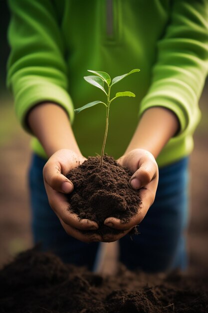 Little boys hand holding a green sapling background of people planting saplings on earth day