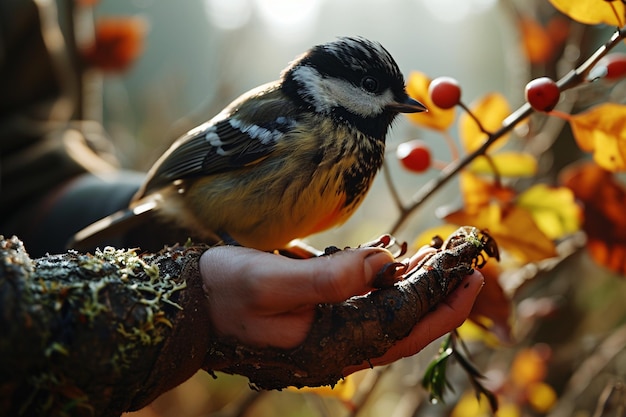 little brave tit sits on arm of man man feeds forest bird