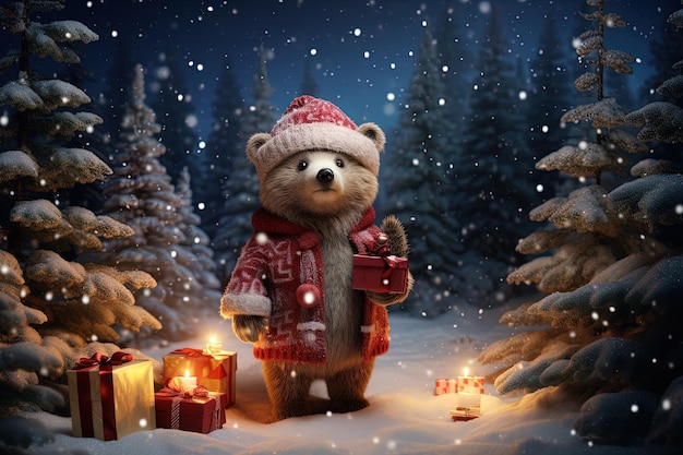 Photo little brown bear with a christmas gift under snowcovered illustration