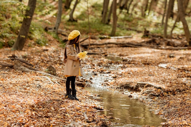 A little brunette Asian girl in autumn clothes walks in the autumn forest near a stream