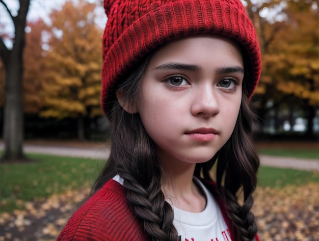 little brunette girl with braids in a red hat