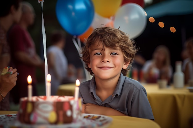 Little brunette kid at outdoors in a birthday party