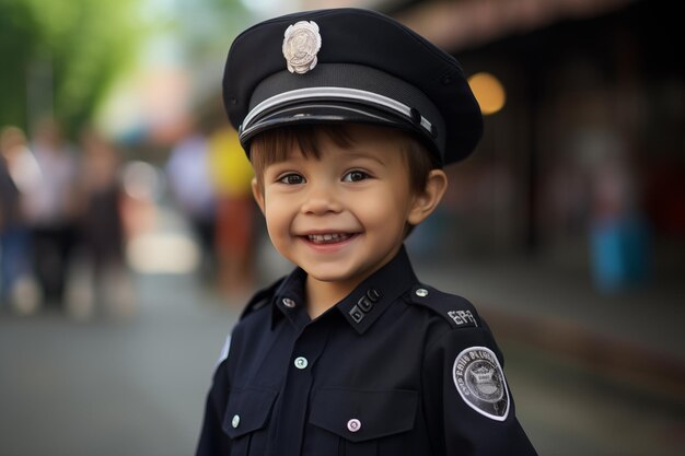 Little brunette kid at outdoors with police uniform