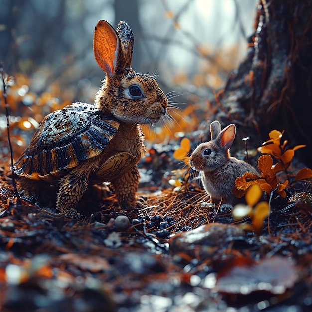 little bunnies and a turtle walking