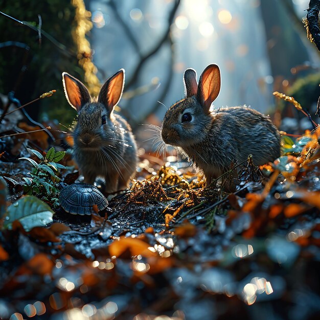 Photo little bunnies and a turtle walking