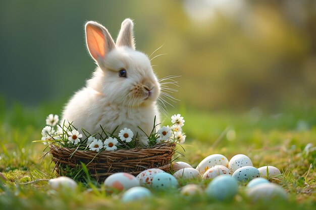 Photo little bunny in basket with decorated eggs easter card ai generated